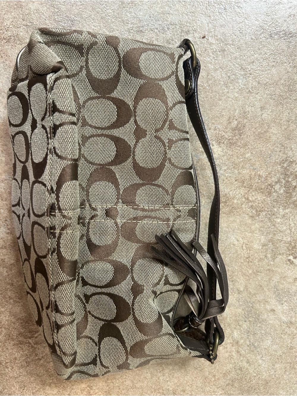 Coach Khaki and Brown Signature Jacquard Wristlet with Tassel